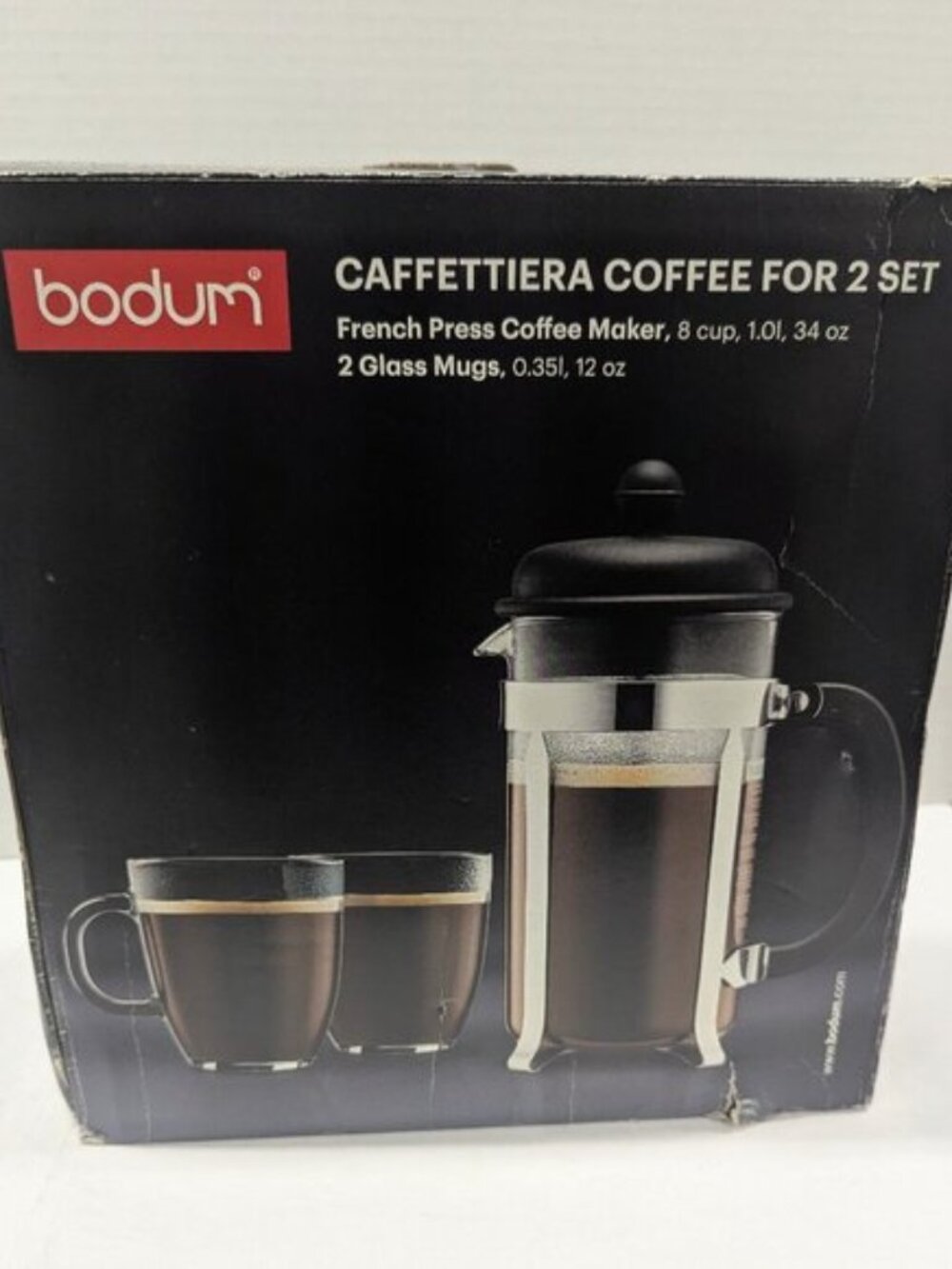 Bodum Caffettiera French Press 34oz with 2 Glass Mugs 12oz – 8 Cup Set